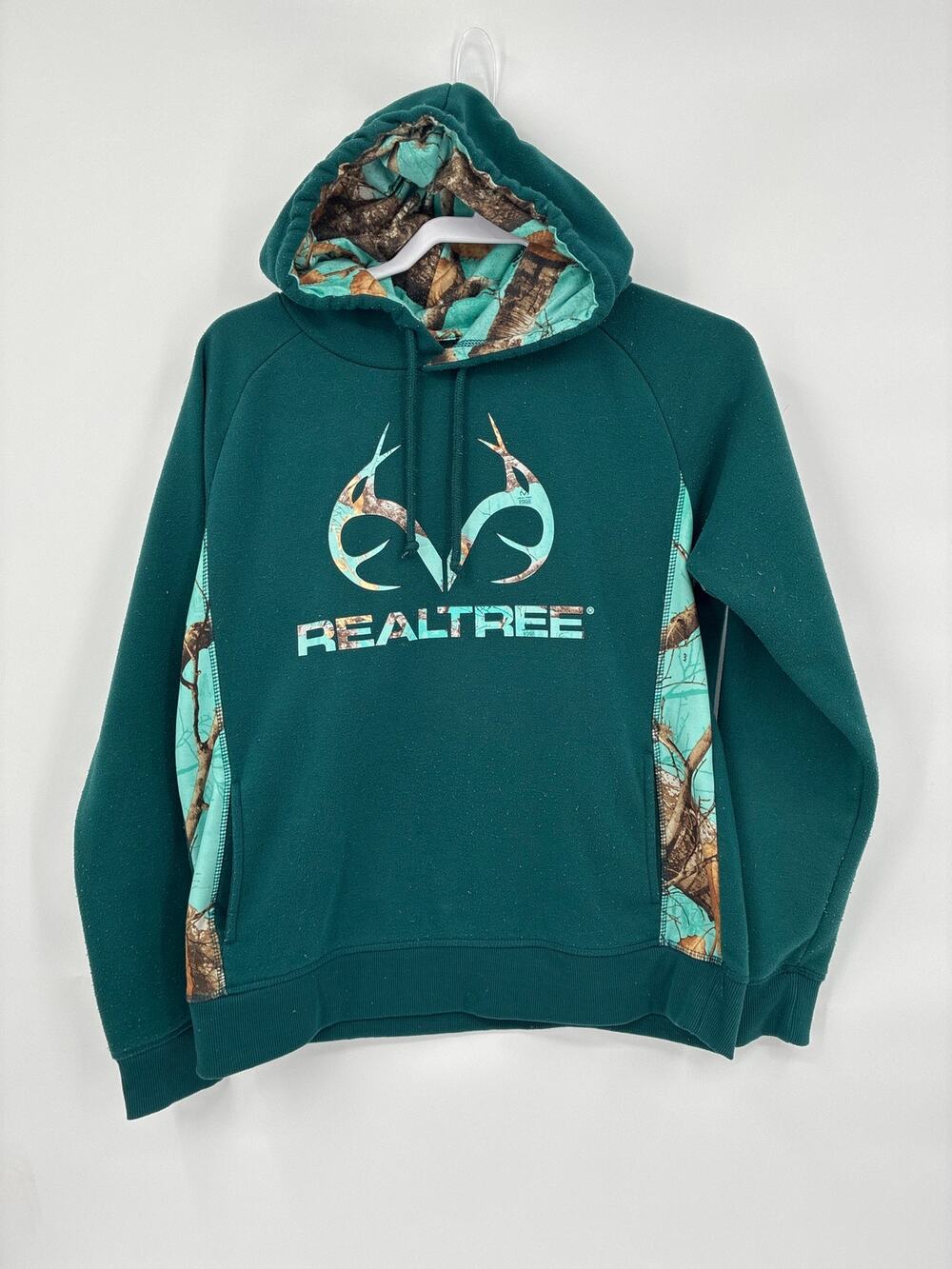 Realtree Teal Green Antler Logo Pullover Hoodie Sweatshirt Pockets Women's Small